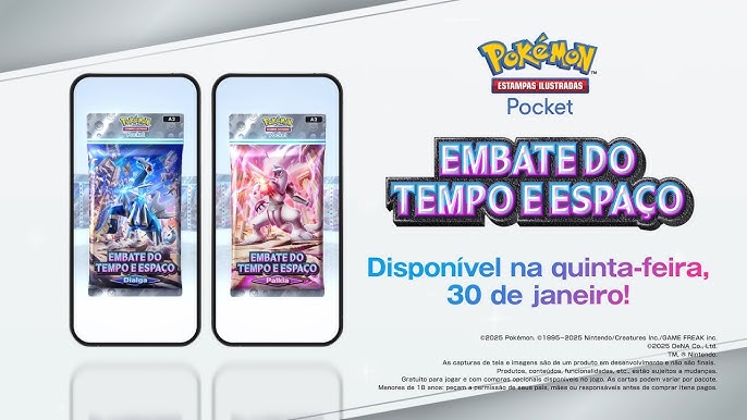 Anúncio sobre a nova expansão de cartas Pokémon TCG Pocket – Embate do Tempo e Espaço.
